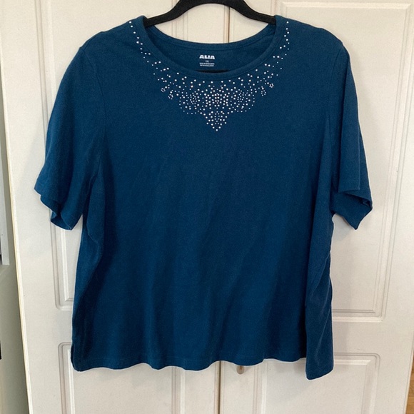 Alia Tops - ALIA💫 Women’s Dark Teal Silver Beaded Short Sleeve Top